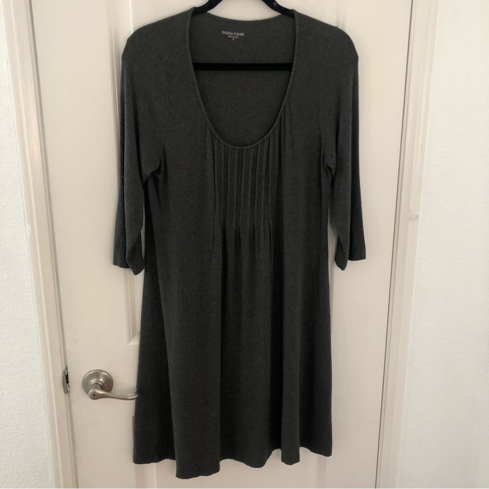 Eileen Fisher boat Neck Stretch viscose spandex Dress Jersey 3/4  grey pleated M